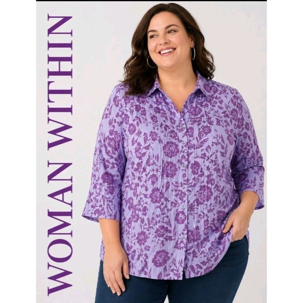 NWT WOMAN WITHIN Womens 22/24 Floral Boho Pintuck Rayon Button Purple Tunic Top